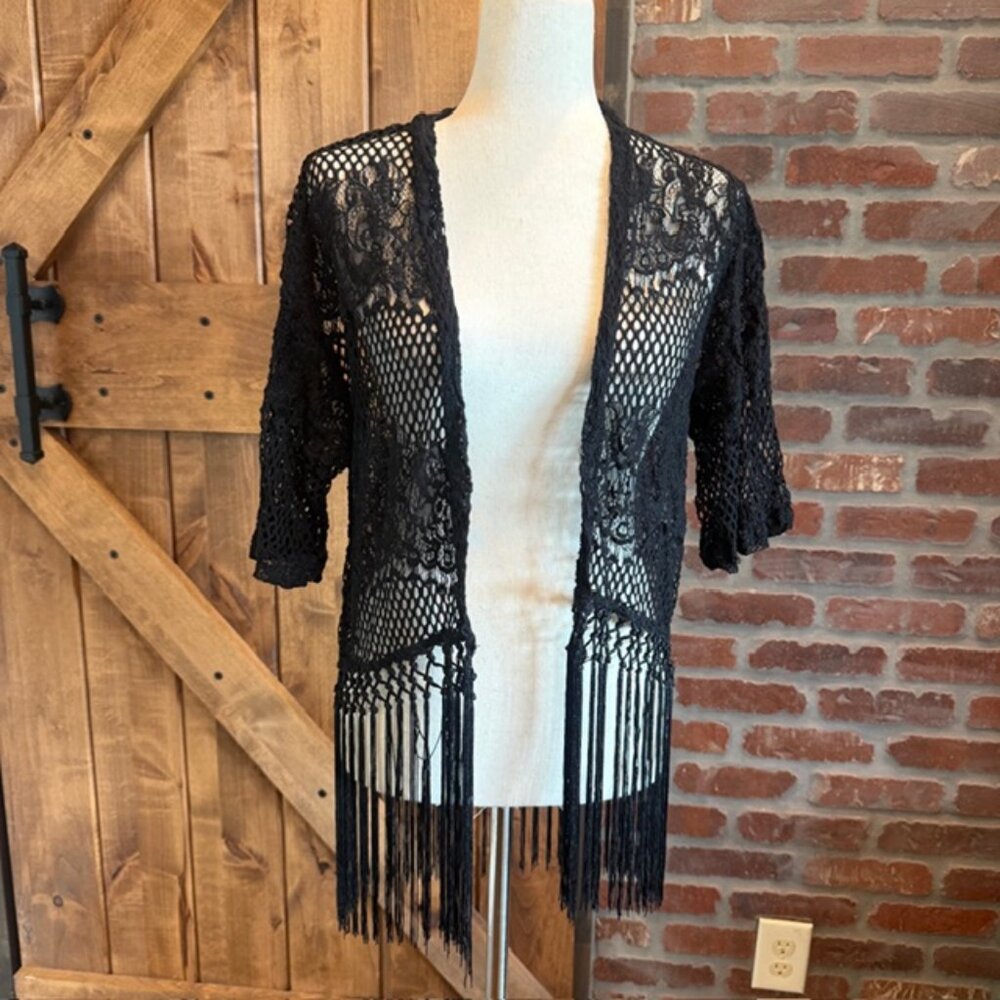 My Michelle Black Lace Fringe Kimono Cardigan | Boho Festival Western | Size M